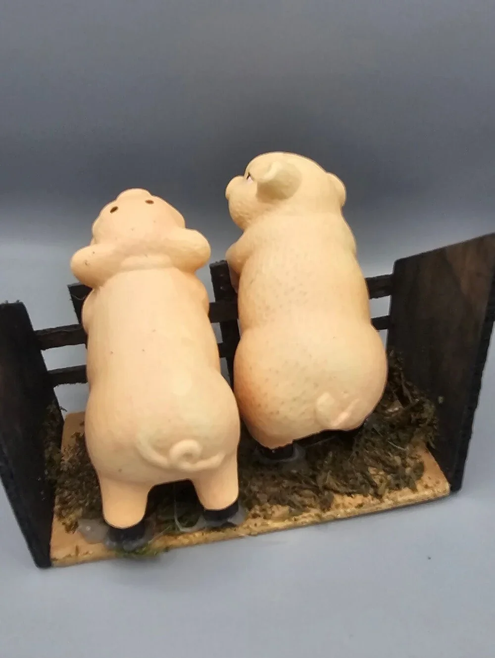 Vintage Ceramic Pig Salt and Pepper Shakers with Wooden Fence Holder